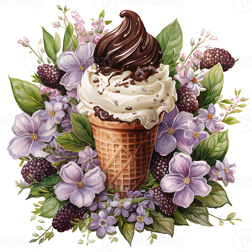 ice cream in waffle cone with flowers and leaves AI Generative png