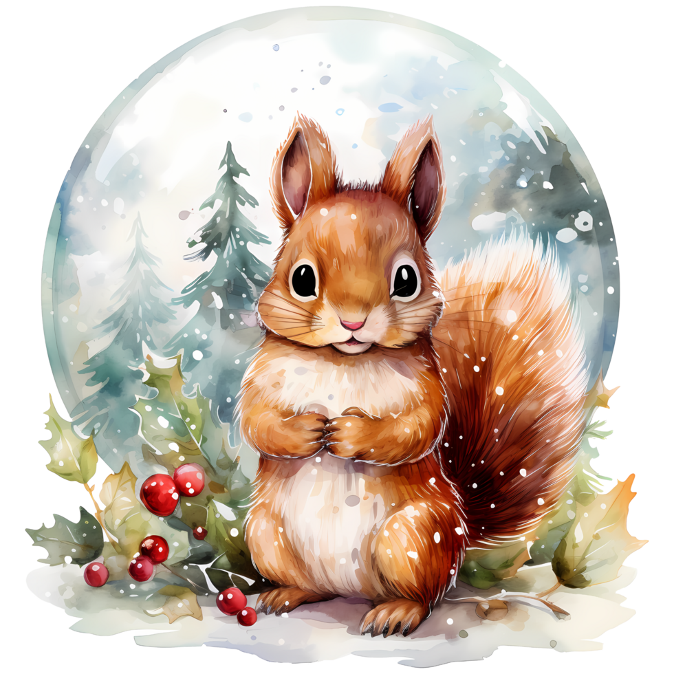 Cute squirrel in a winter forest. Watercolor cartoon illustration AI Generative png
