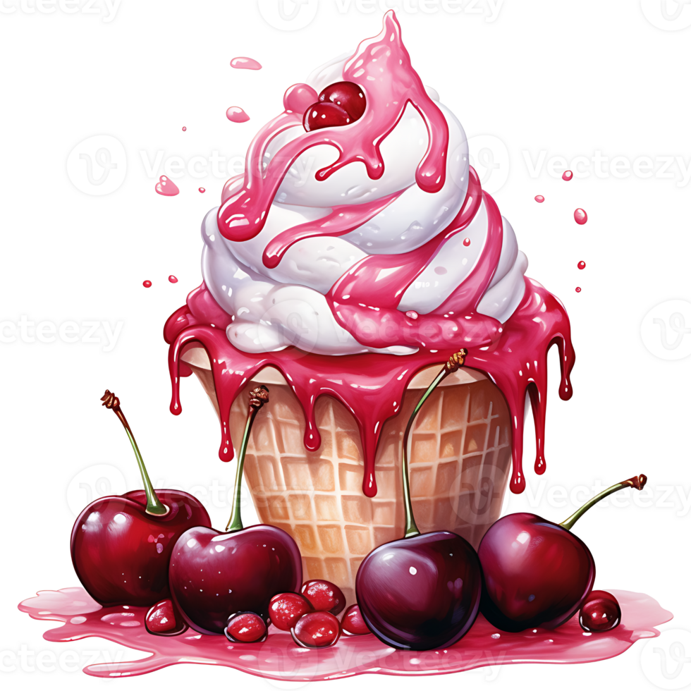 Ice cream with berries in a waffle cone AI Generative png