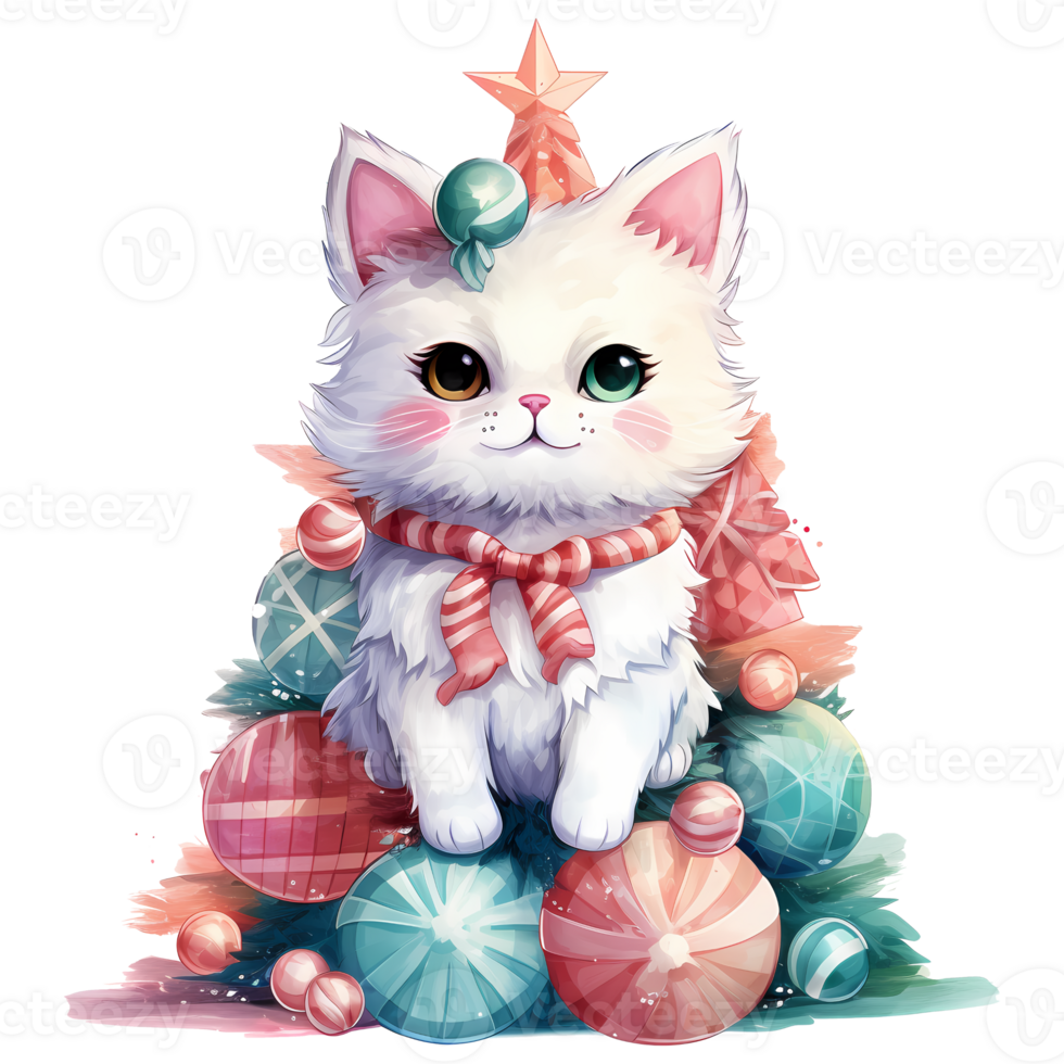 Cat and Christmas Tree Watercolor AI Generative png