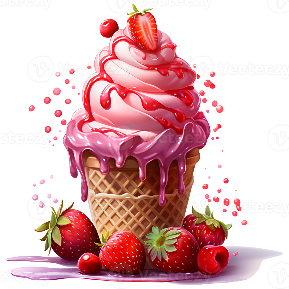 Ice cream with berries in a waffle cone AI Generative png