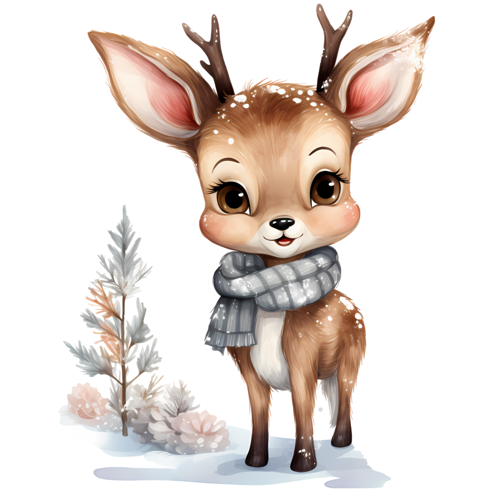 Reindeer in Santa Hat Watercolor illustration, AI Generative png