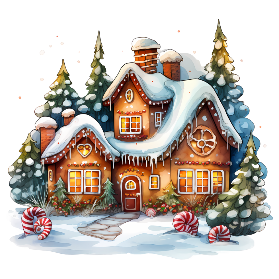 Christmas Gingerbread House Watercolor AI Generative png