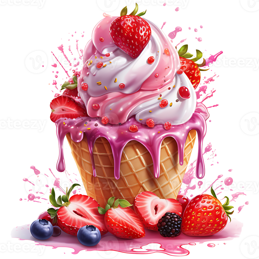 Ice cream with berries in a waffle cone AI Generative png