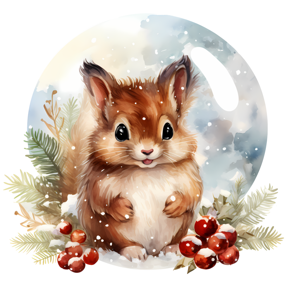 Cute squirrel in a winter forest. Watercolor cartoon illustration AI Generative png