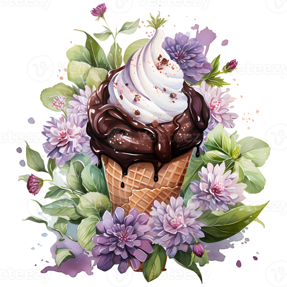 ice cream in waffle cone with flowers and leaves AI Generative png