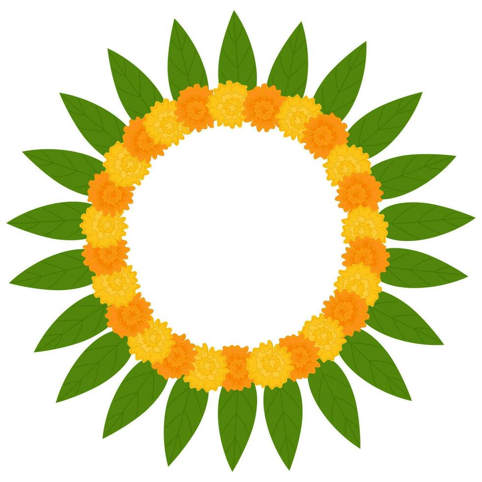 marco tradicional de guirnalda de flores indias con flores de caléndula y hojas de mango. decoración para fiestas hindúes indias. ilustración vectorial aislado sobre fondo blanco. vector