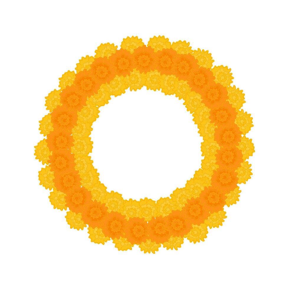 Traditional Indian flower garland frame with marigold flowers. Decoration for Indian Hindu holidays. Vector illustration isolated on white background.
