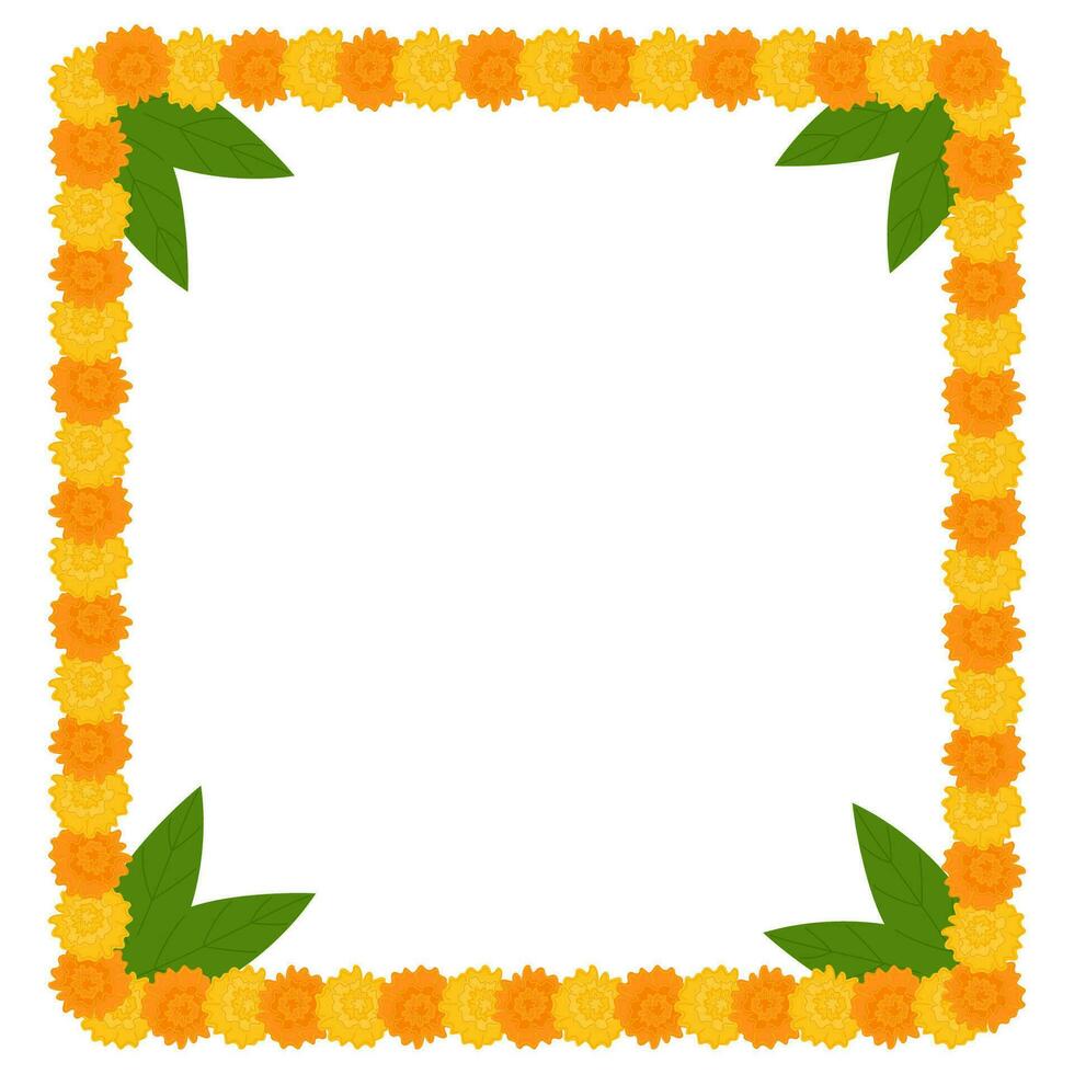 guirnalda tradicional de flores indias con flores de caléndula y hojas de mango. decoración para fiestas hindúes indias. ilustración vectorial aislado sobre fondo blanco. vector