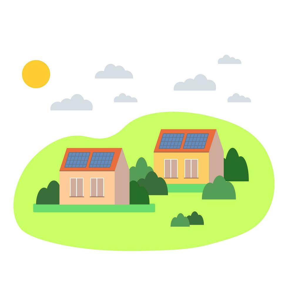 Solar energy panels on modern house. Sustainable photovoltaic solar energy generation element. Ecological sustainable energy supply. Vector flat.