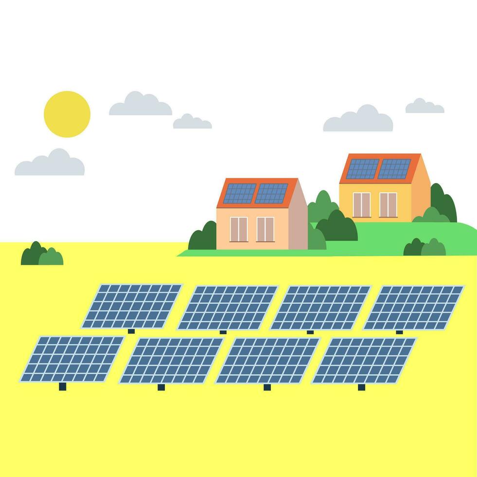 Solar batteries farm with solar houses on background, flat style concept of renewable solar energy vector
