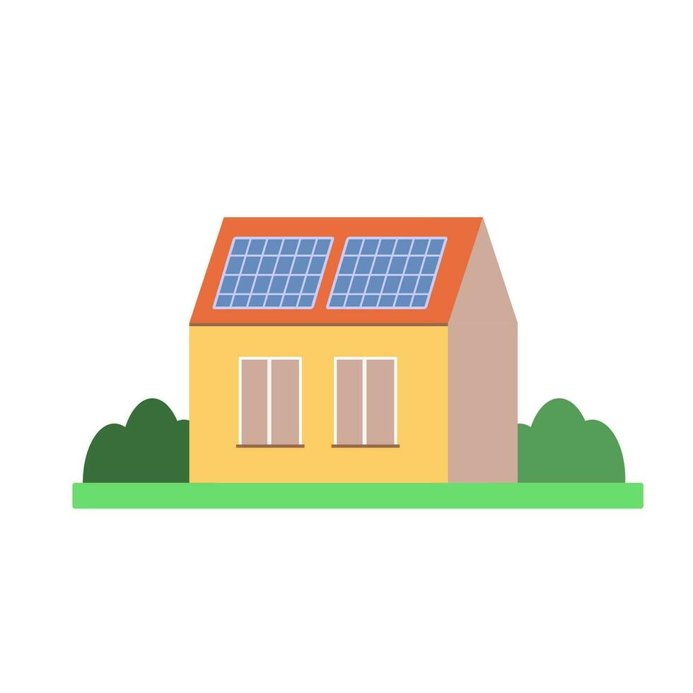 PC panels on modern house. Sustainable photovoltaic solar energy generation element. Ecological sustainable energy supply. Vector flat.