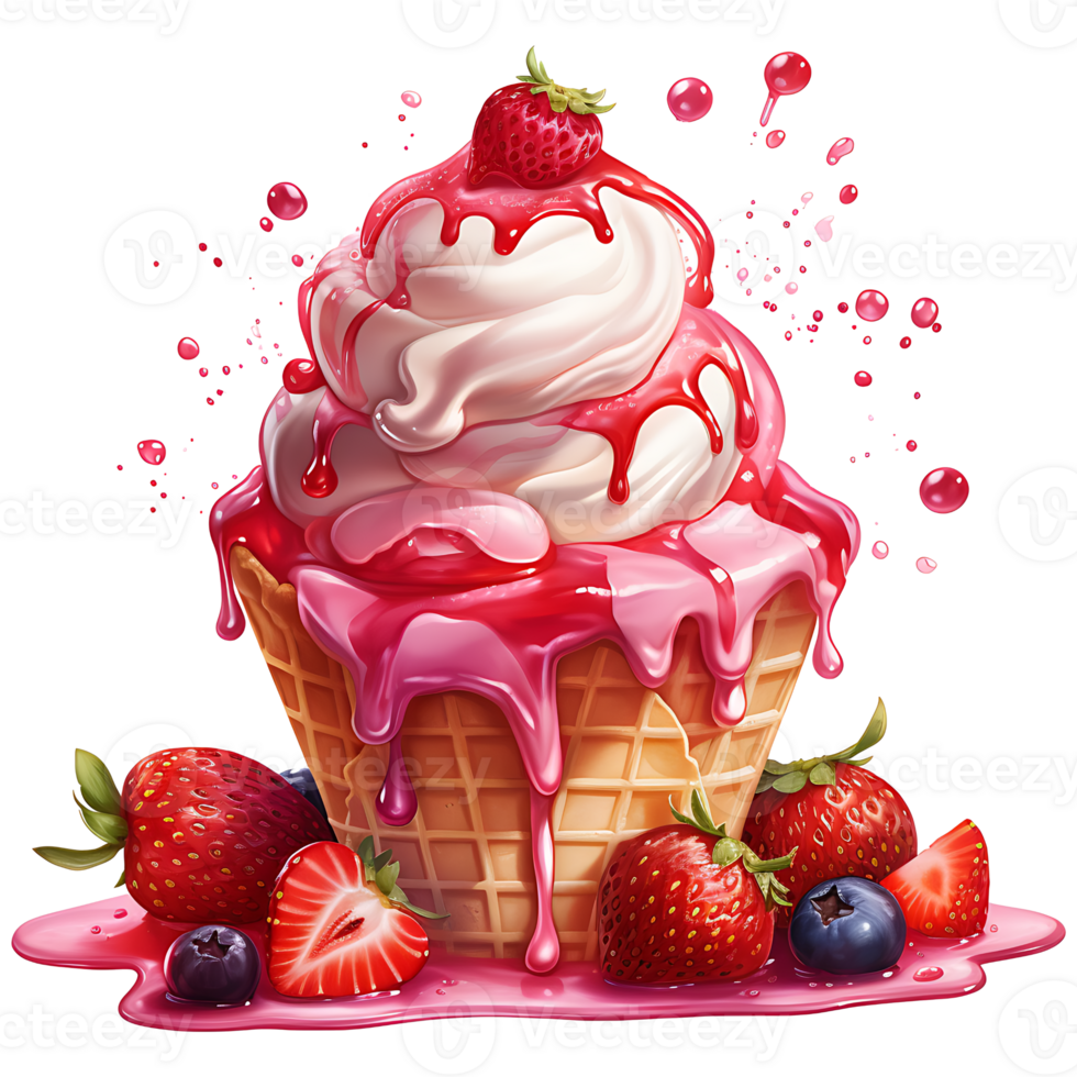 Ice cream with berries in a waffle cone AI Generative png