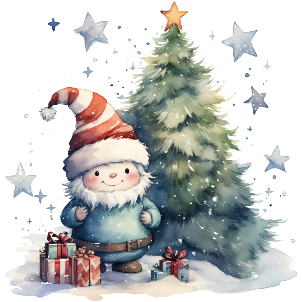 Christmas Gnome with Gifts Watercolor AI Generative png