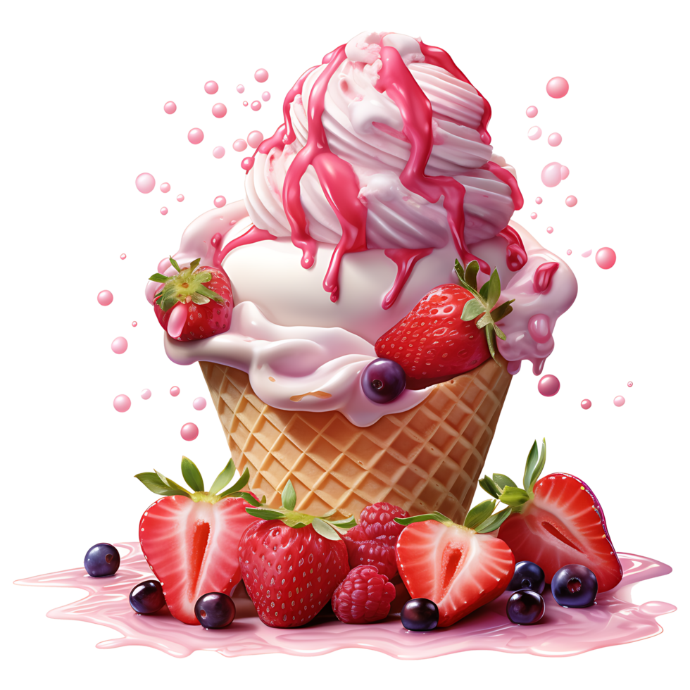 Ice cream with berries in a waffle cone AI Generative png