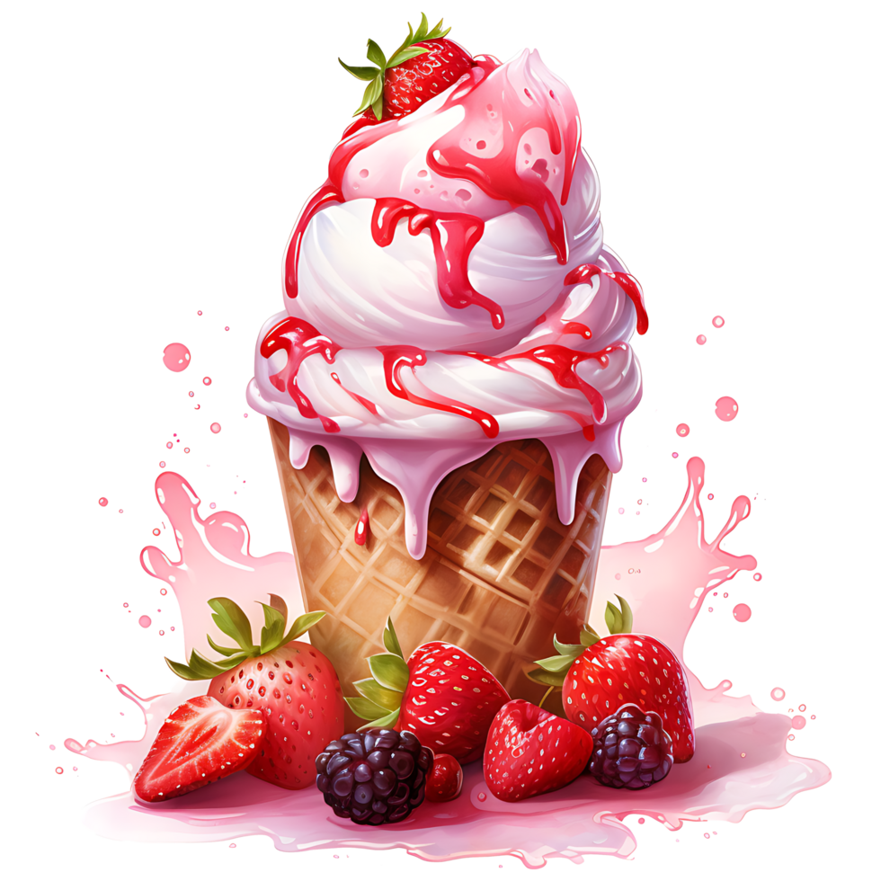 Ice cream with berries in a waffle cone AI Generative png
