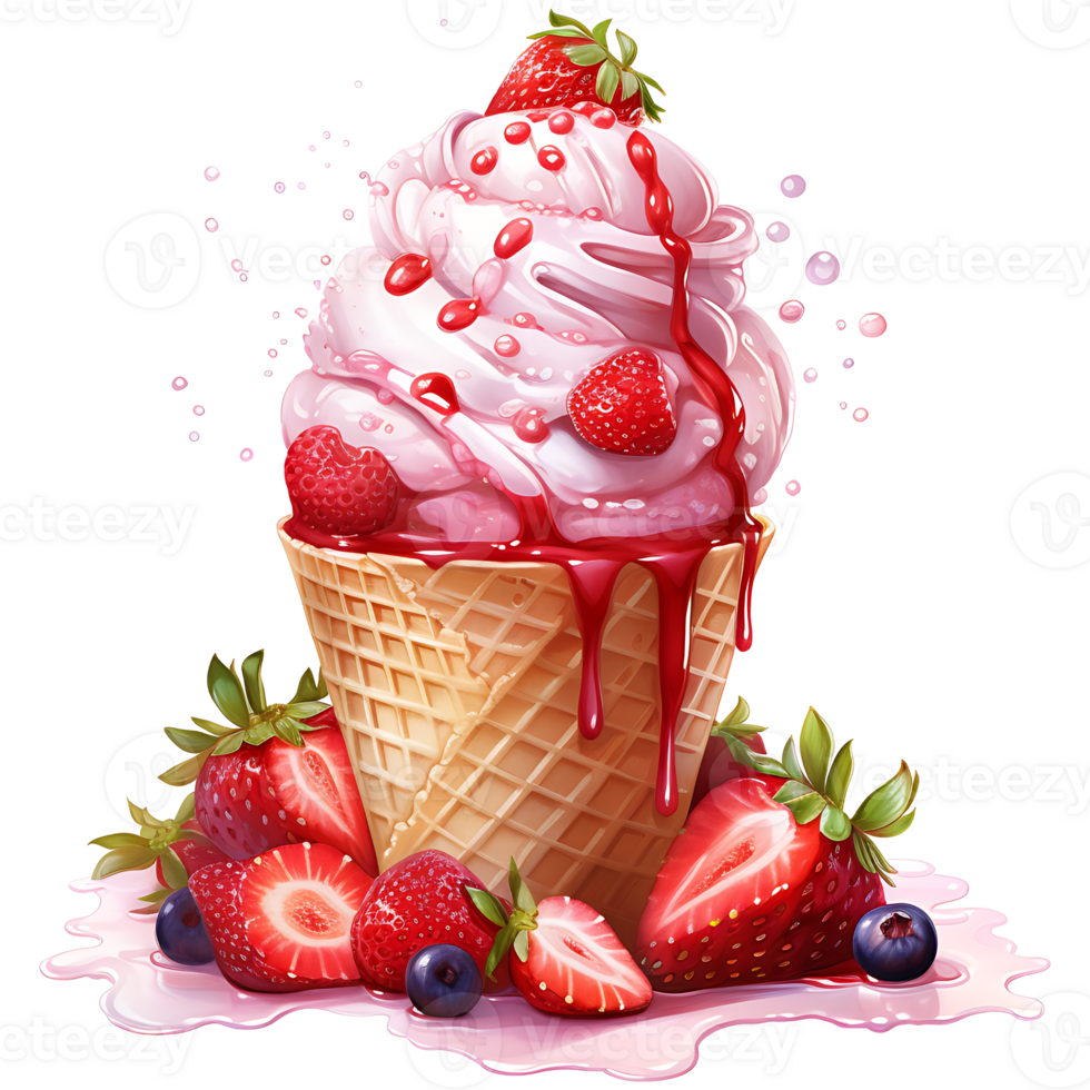 Ice cream with berries in a waffle cone AI Generative png