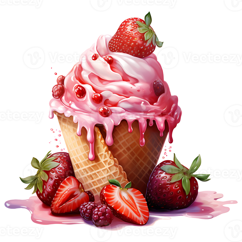 Ice cream with berries in a waffle cone AI Generative png