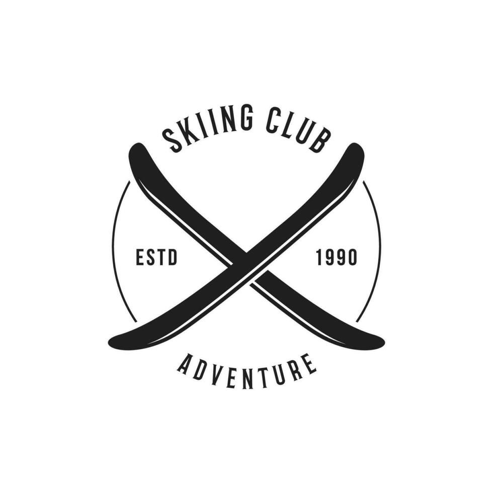 Retro ski sport template Logo element on vintage winter, with skis and mountain.Logo for ski sport, club, badge and label. vector