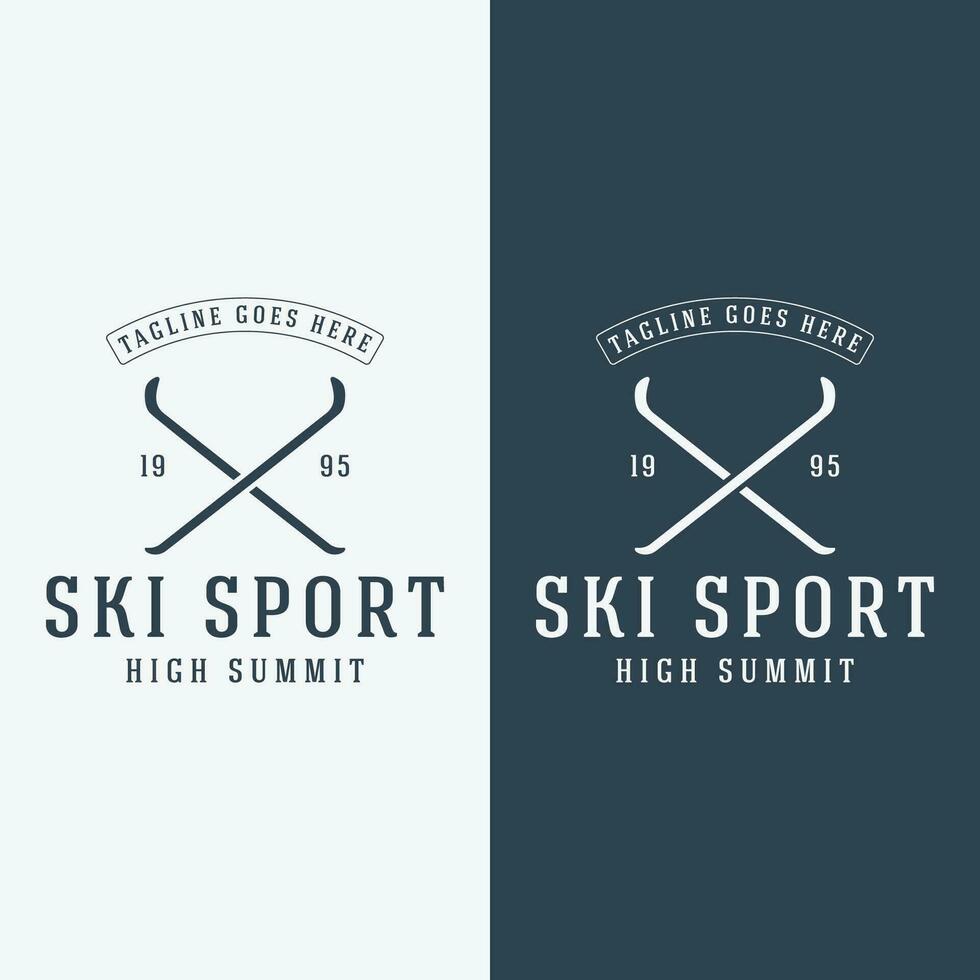 Retro ski sport template Logo element on vintage winter, with skis and mountain.Logo for ski sport, club, badge and label. vector