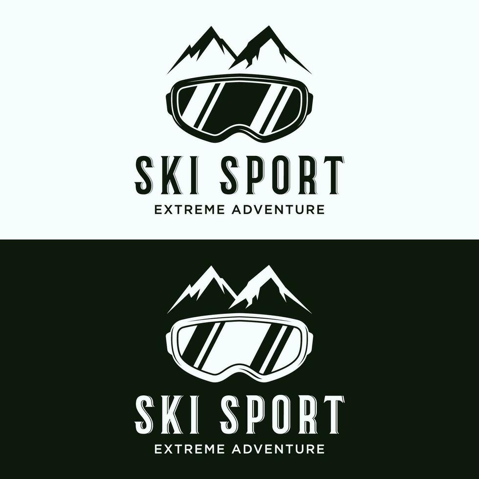 Retro ski sport template Logo element on vintage winter, with skis and mountain.Logo for ski sport, club, badge and label. vector