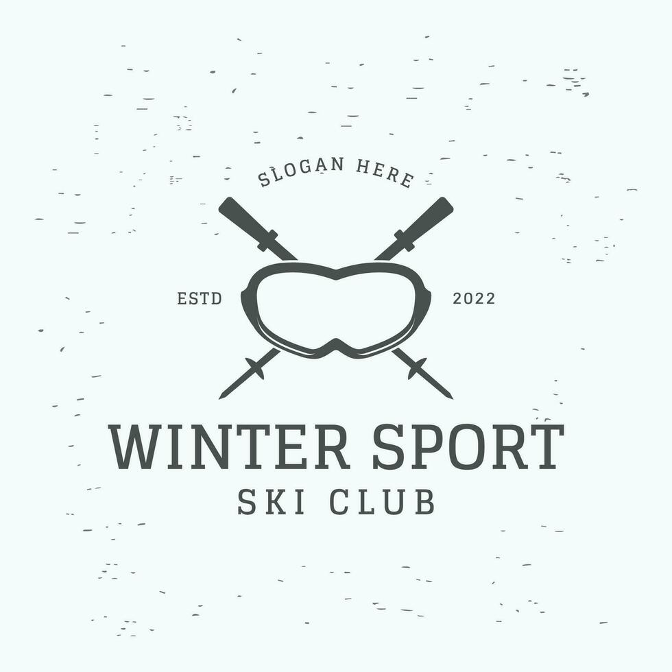 Retro ski sport template Logo element on vintage winter, with skis and mountain.Logo for ski sport, club, badge and label. vector