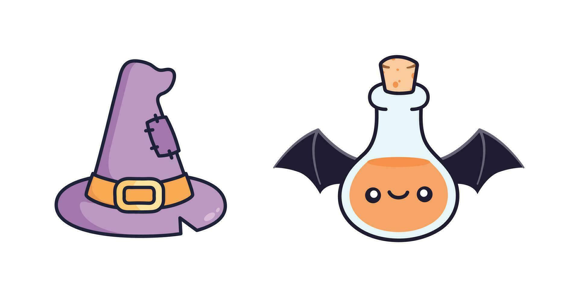 Cute Witch Hat and Bat Potion Illustration vector