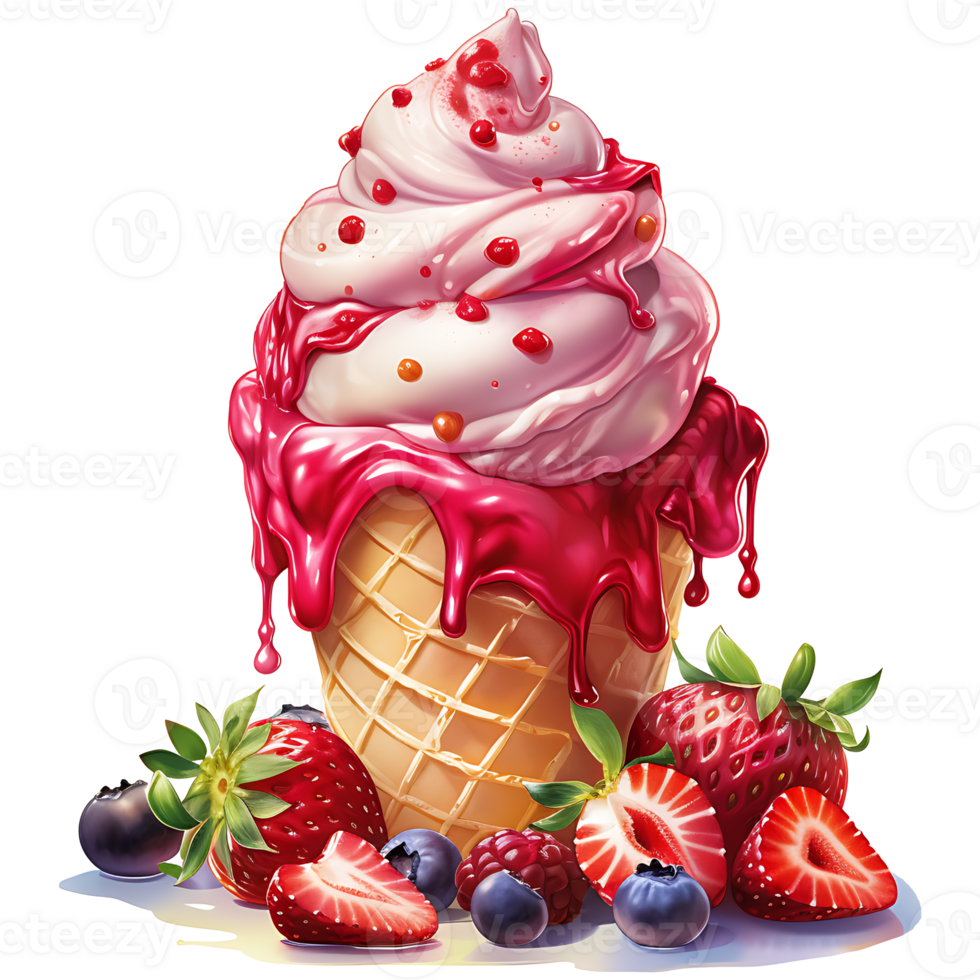 Ice cream with berries in a waffle cone AI Generative png