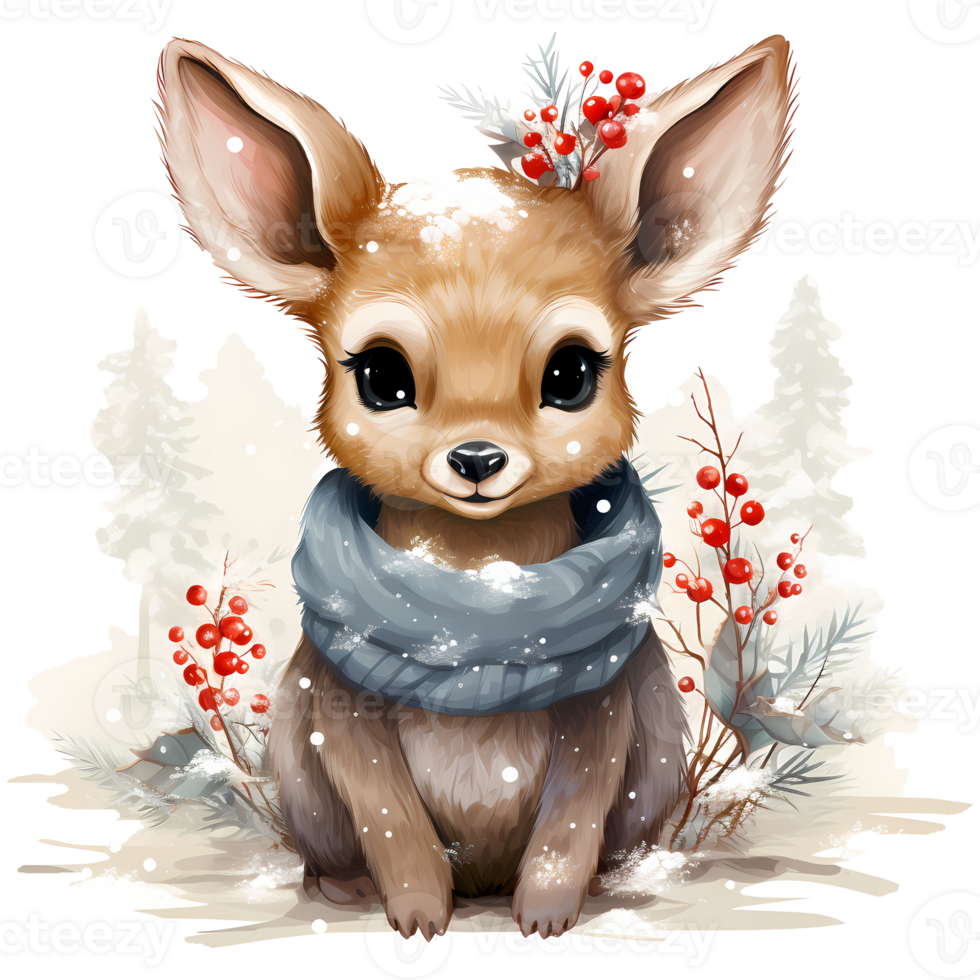 Reindeer in Santa Hat Watercolor illustration, AI Generative png