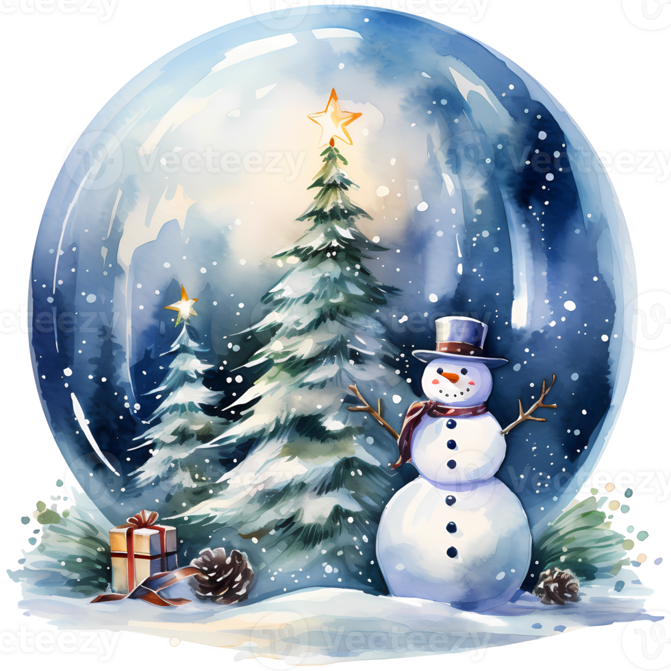 Watercolor illustration of a snow globe with a house and a snowman, AI Generative png