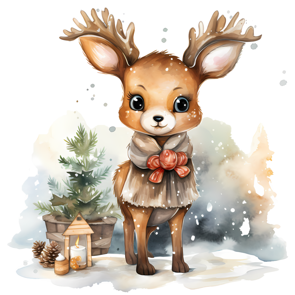 Reindeer in Santa Hat Watercolor illustration, AI Generative png