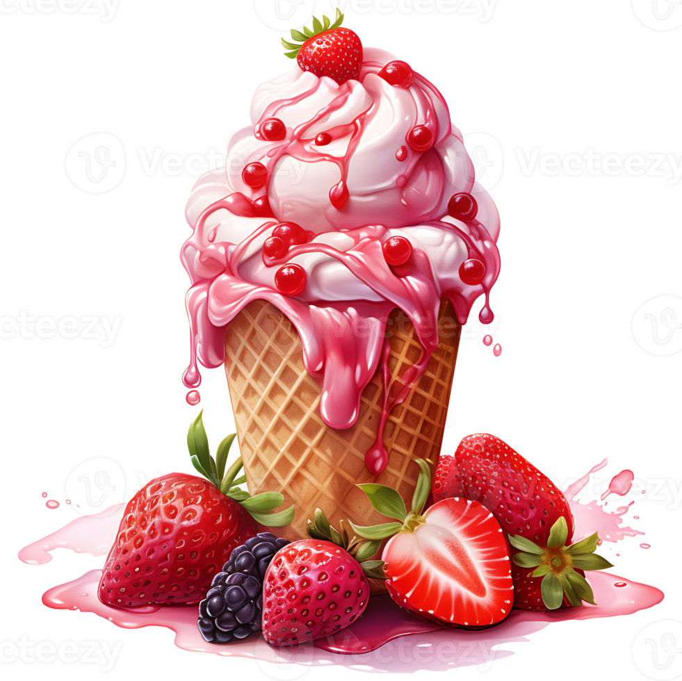 Ice cream with berries in a waffle cone AI Generative png