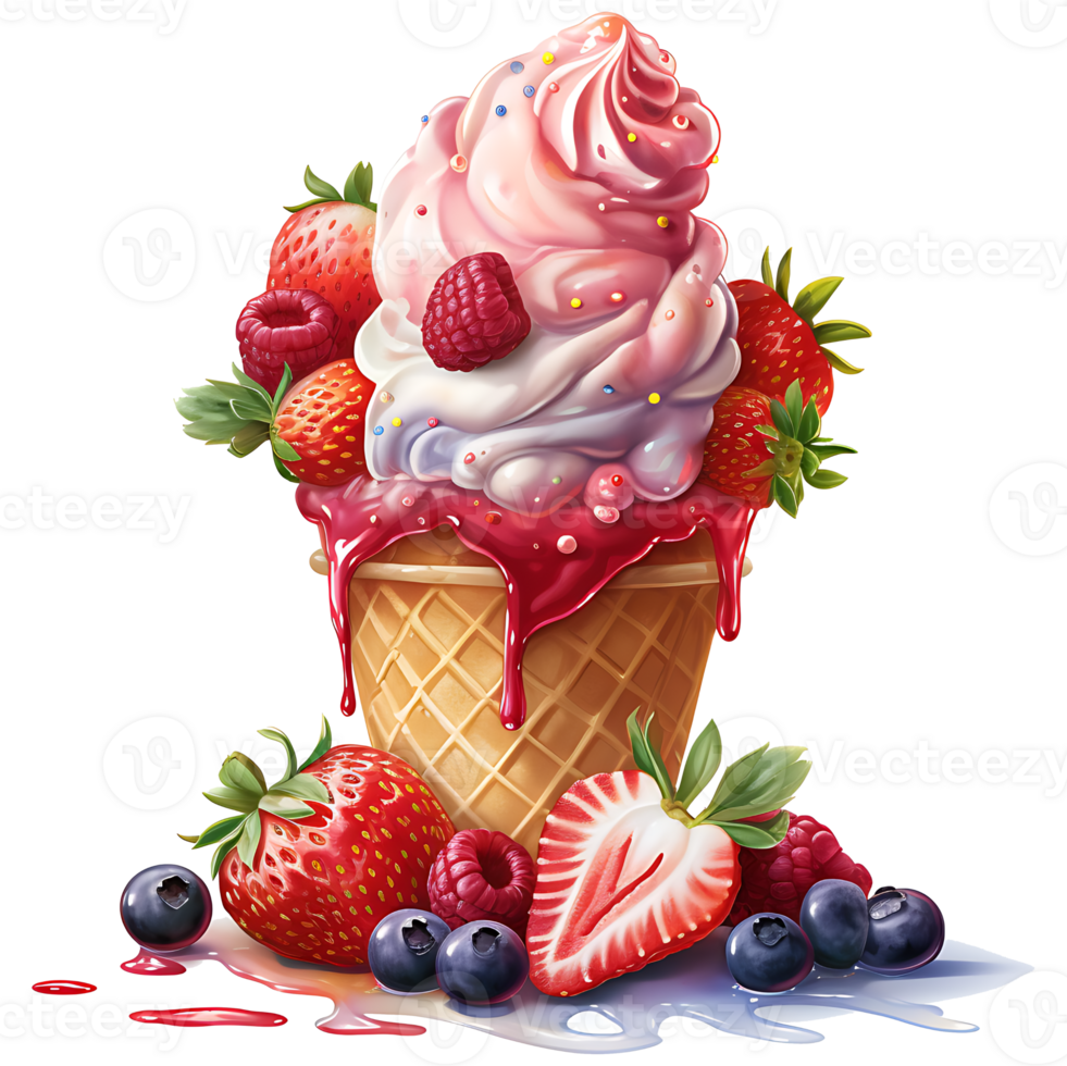 Ice cream with berries in a waffle cone AI Generative png