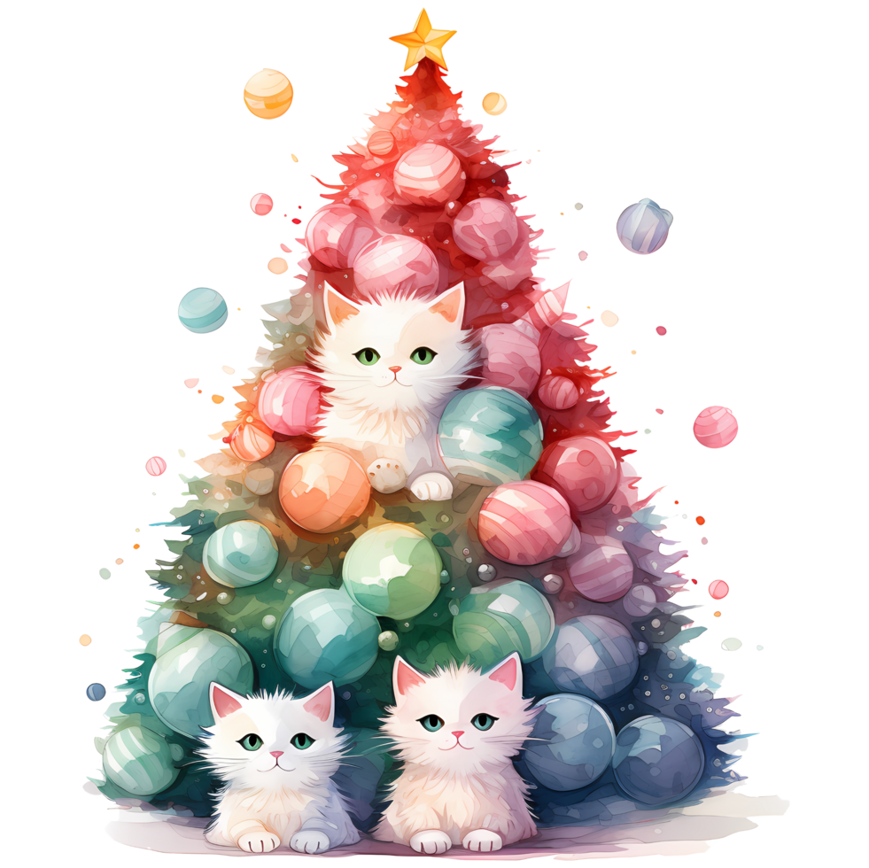 Cat and Christmas Tree Watercolor AI Generative png