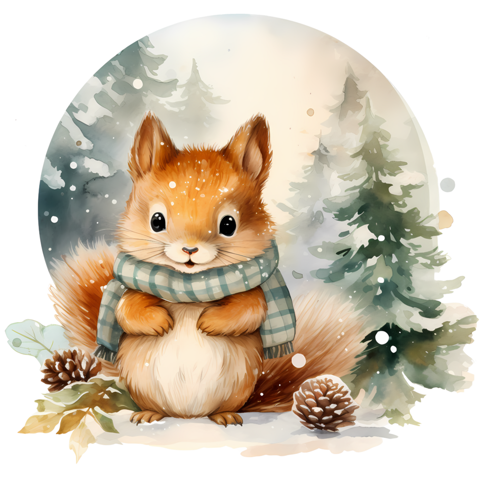 Cute squirrel in a winter forest. Watercolor cartoon illustration AI Generative png