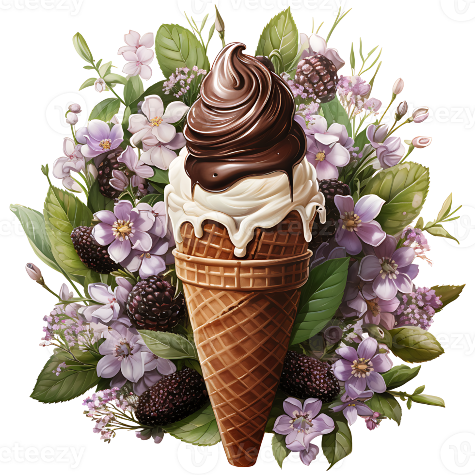 ice cream in waffle cone with flowers and leaves AI Generative png