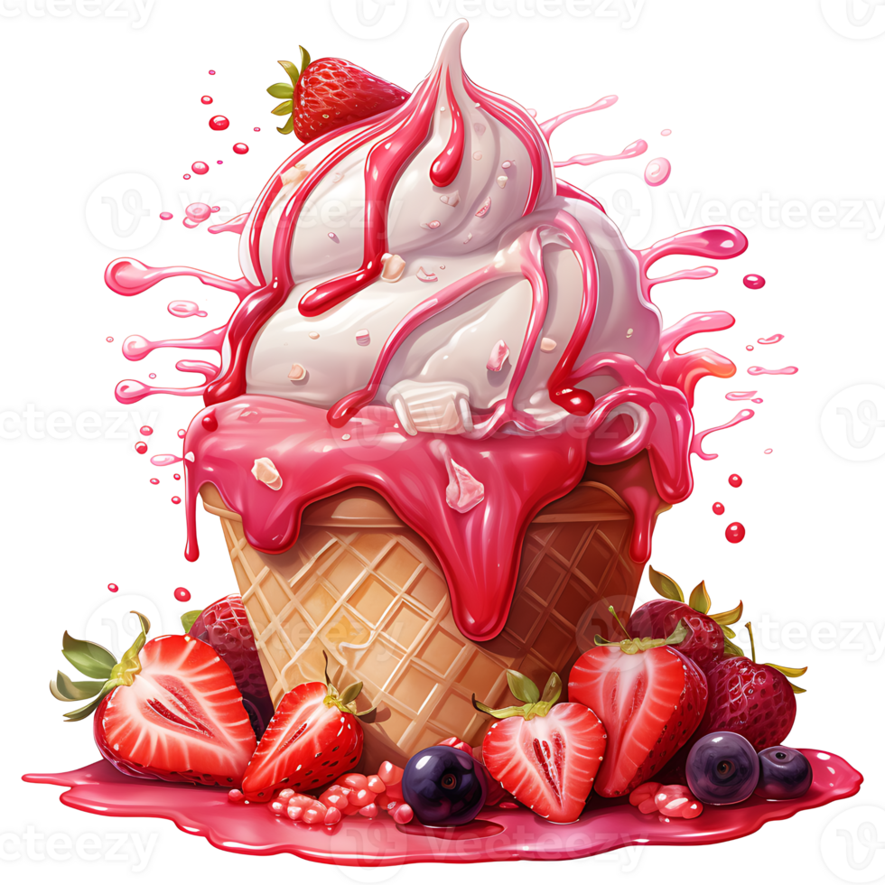 Ice cream with berries in a waffle cone AI Generative png