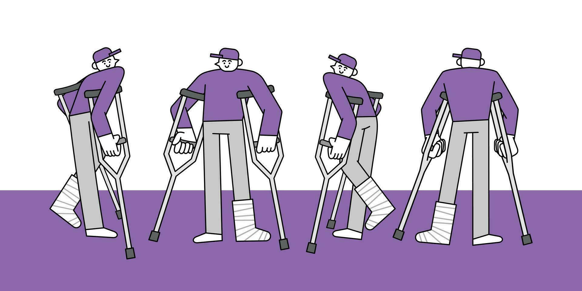 Set of Man on Crutches Hand Drawn Character Illustration vector
