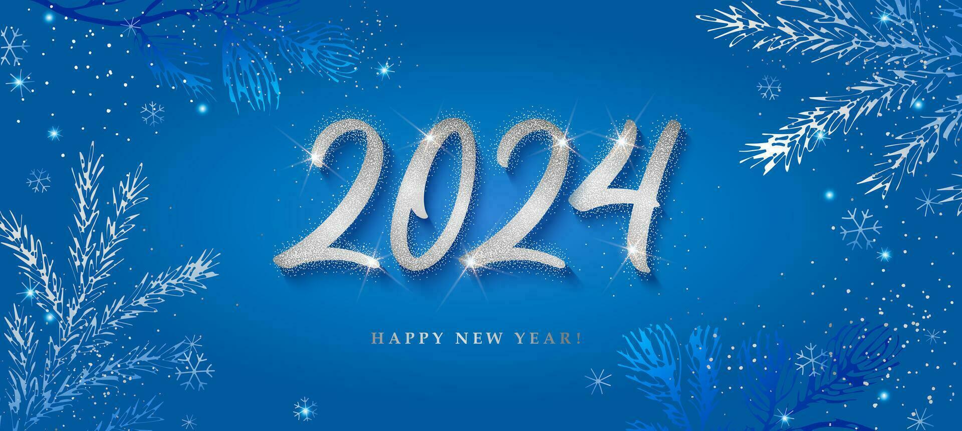 Happy New Year 2024 banner. Silver, blue, winter pattern. vector