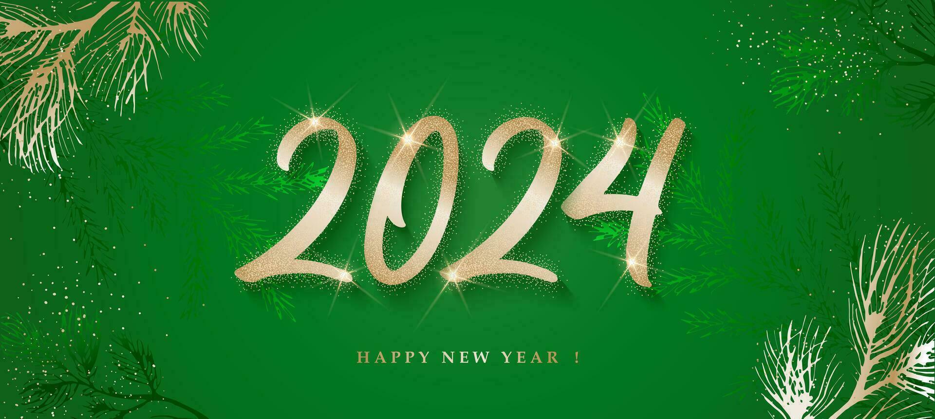 2024 Happy New Year banner. Gold, green, winter pattern. vector