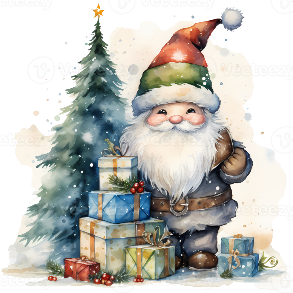 Christmas Gnome with Gifts Watercolor AI Generative png