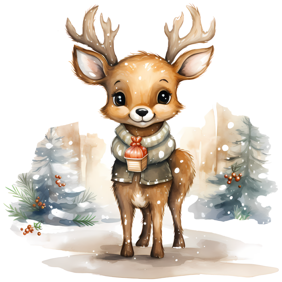 Reindeer in Santa Hat Watercolor illustration, AI Generative png