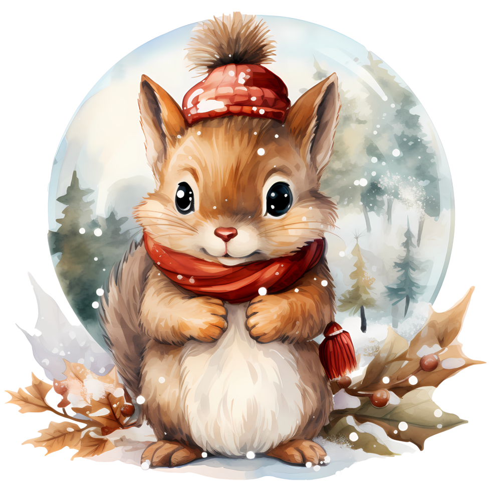 Cute squirrel in a winter forest. Watercolor cartoon illustration AI Generative png