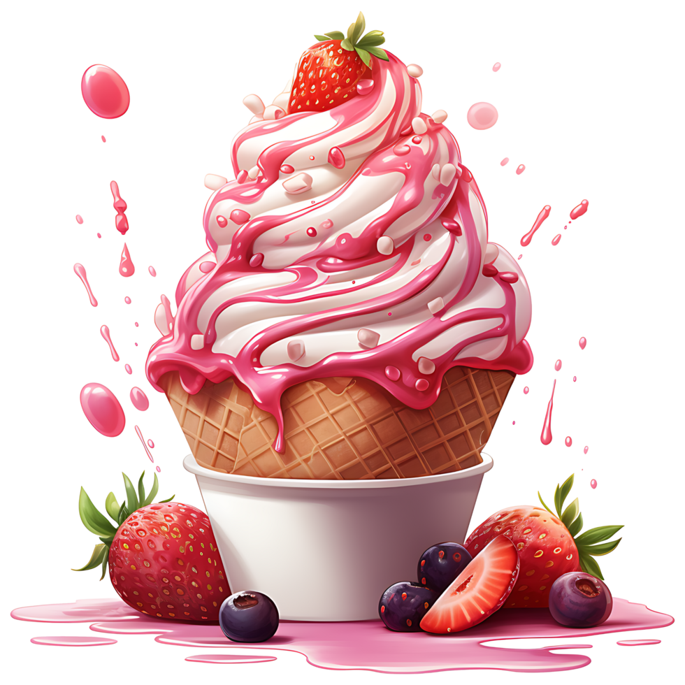 Ice cream with berries in a waffle cone AI Generative png