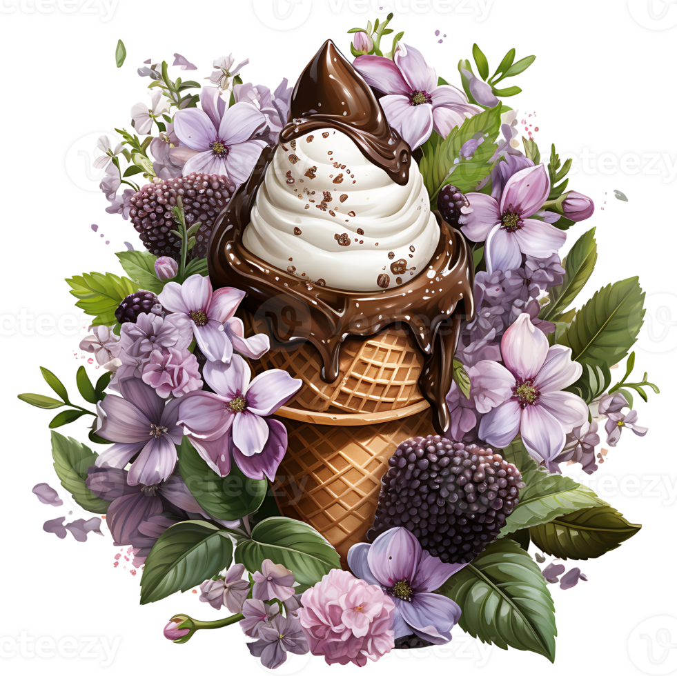 ice cream in waffle cone with flowers and leaves AI Generative png