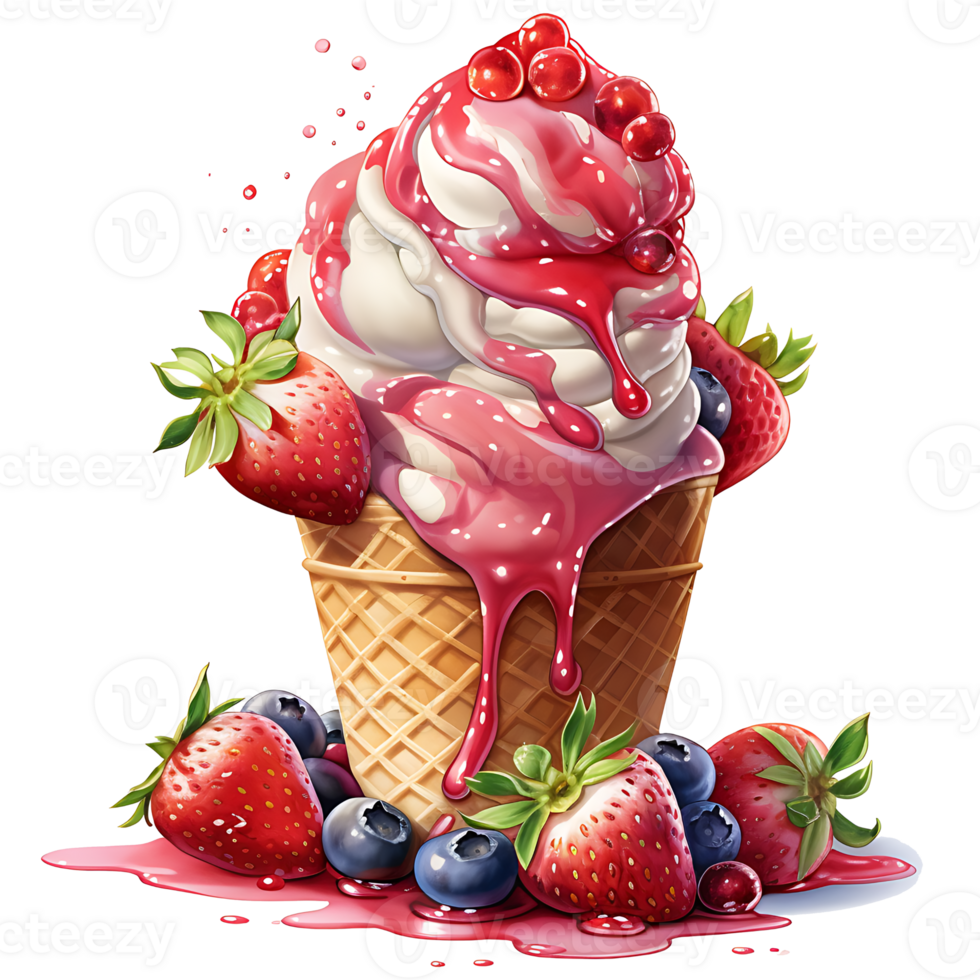 Ice cream with berries in a waffle cone AI Generative png