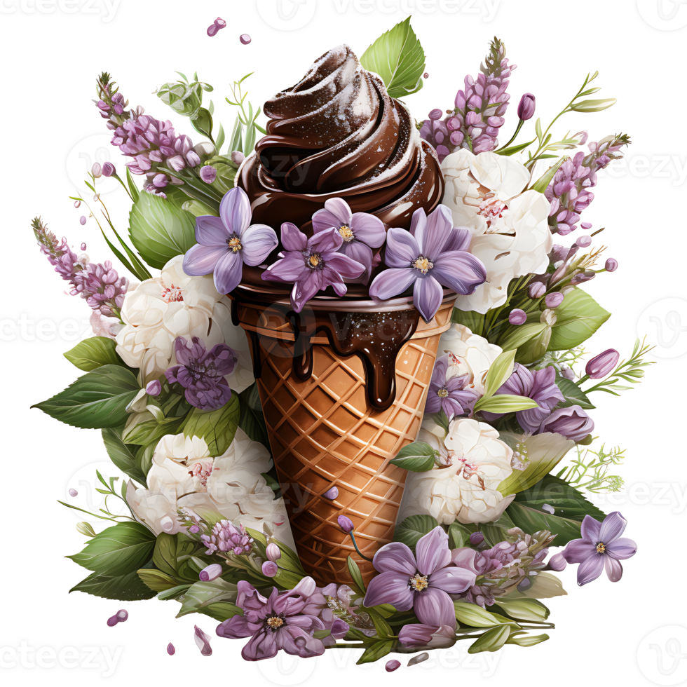 ice cream in waffle cone with flowers and leaves AI Generative png