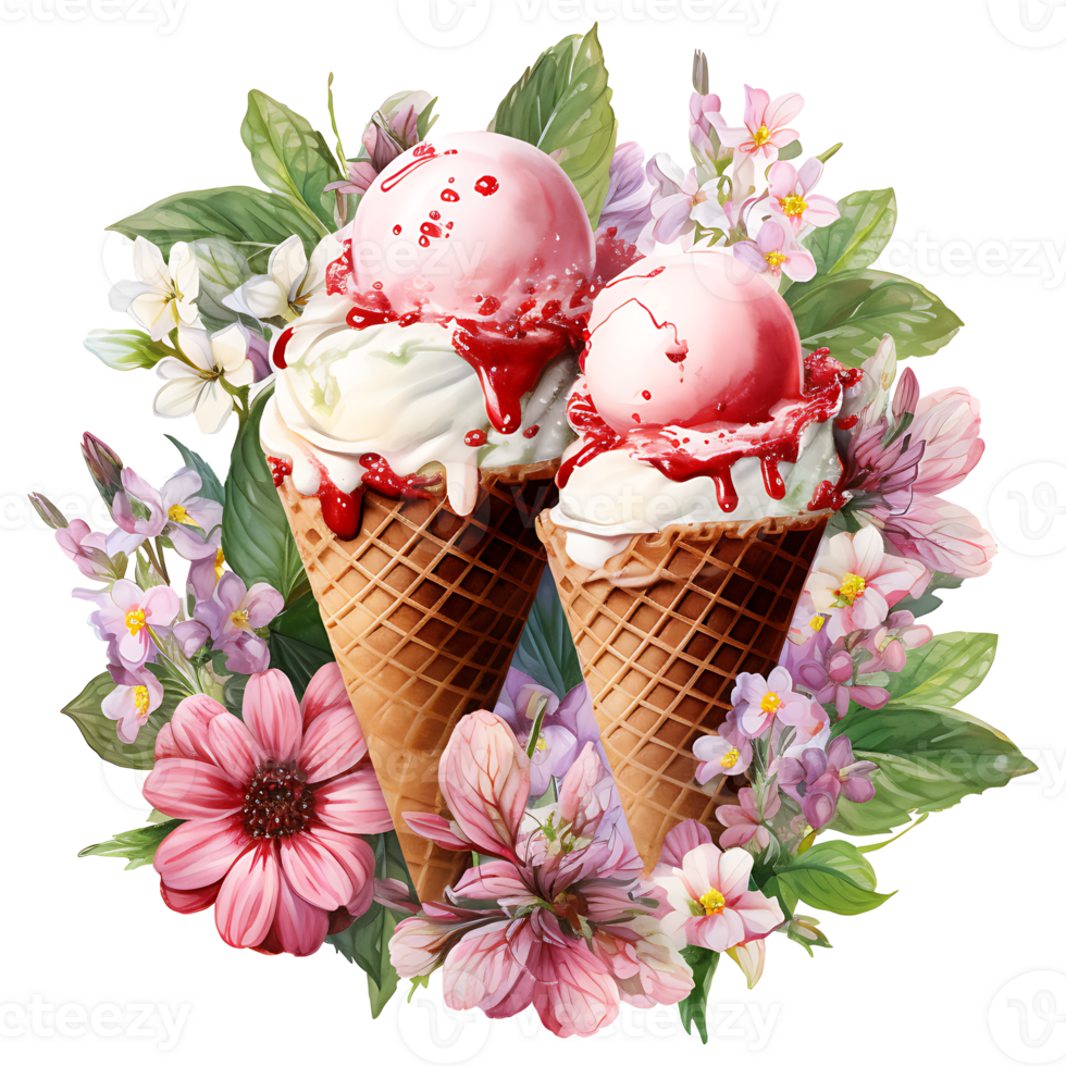 ice cream in waffle cone with flowers and leaves AI Generative png