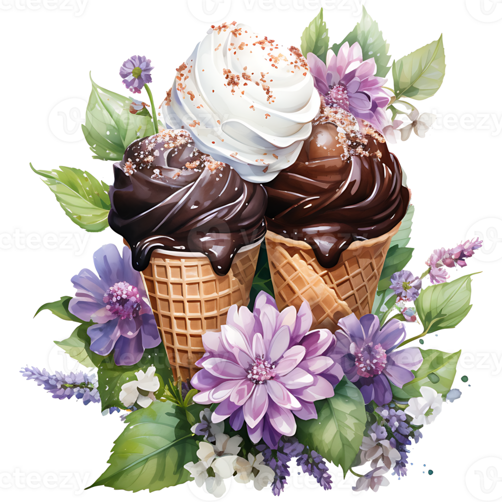 ice cream in waffle cone with flowers and leaves AI Generative png