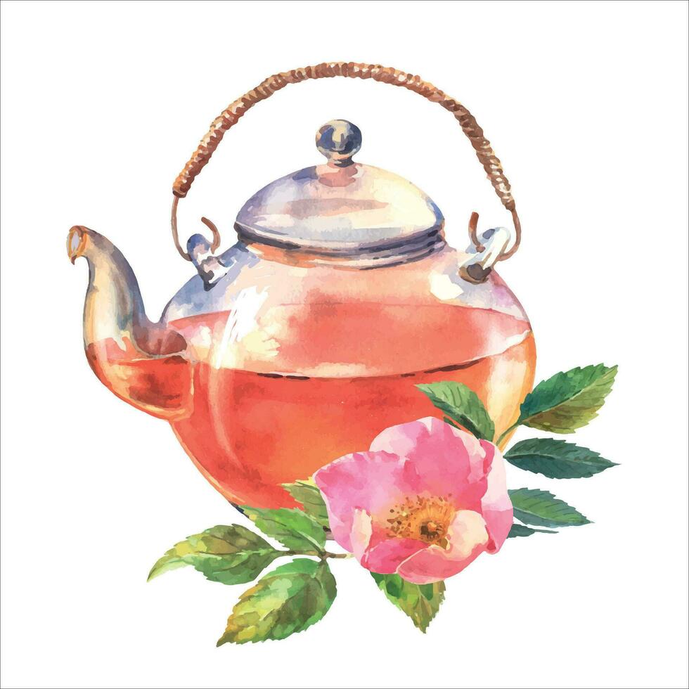 hermosa vaso tetera con perro rosas flores acuarela tetera ilustración, aislar en blanco antecedentes. vector